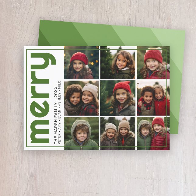 Retro Stripe - merry - 9 Photo monochromatic green Holiday Card (Retro Stripe Christmas Card with 9 Photos)