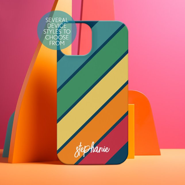 Retro stripe pattern rainbow - Script Name iPhone 15 Case (Personalized Phone Case - Choose Your Device and Customize the Design)