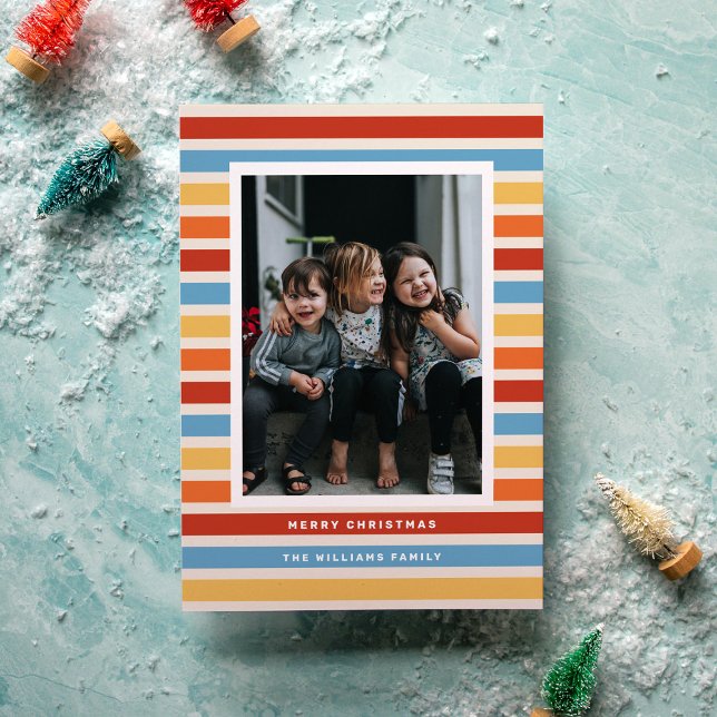 Retro Stripe Red, Yellow and Blue Photo Christmas  Holiday Card (Creator Uploaded)