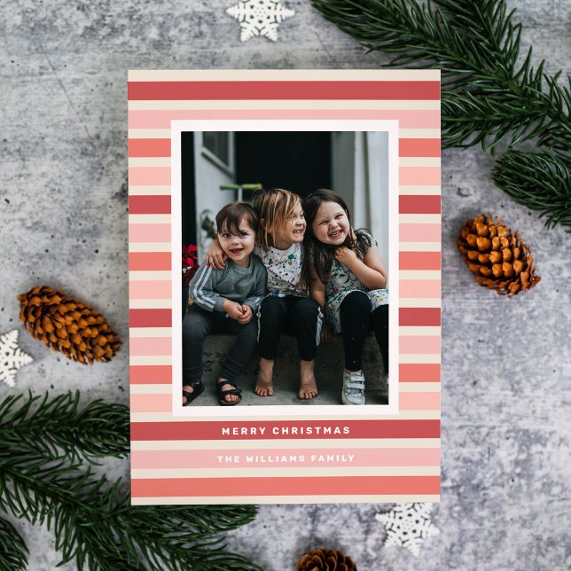 Retro Stripe Shades of Pink Photo Christmas  Holiday Card (Creator Uploaded)
