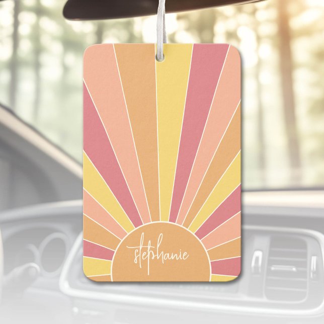 Retro stripe sunrise - pastel rainbow script name car air freshener (Custom Air Freshener)