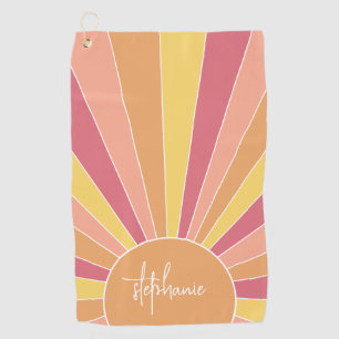 Retro stripe sunrise - pastel rainbow script name golf towel