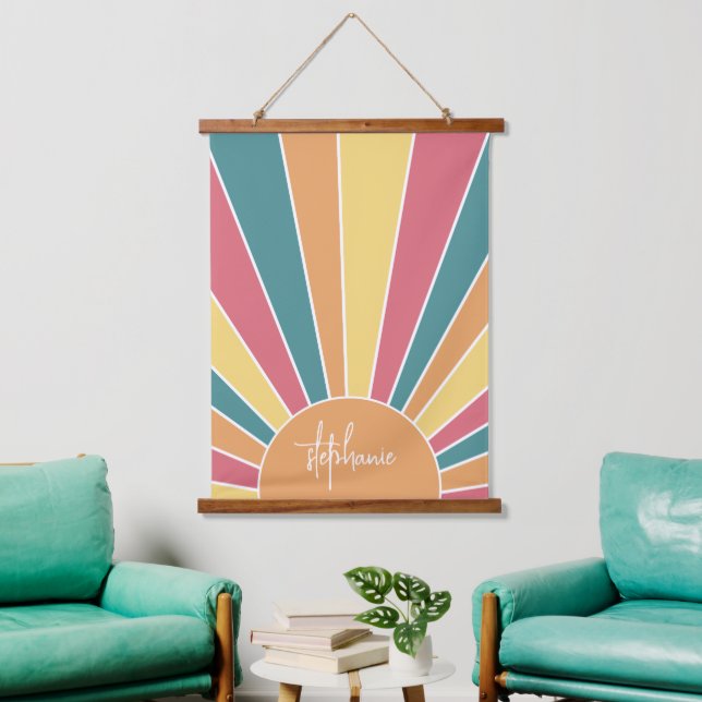 Retro stripe sunrise - pastel rainbow script name hanging tapestry (Living Room)