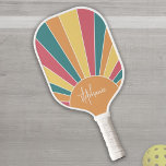Retro stripe sunrise - pastel rainbow script name pickleball paddle<br><div class="desc">A colourful,  retro stripe sunrise design with a pastel colours. The stripes are pastels - red,  orange,  yellow and a light blue. Add your name or monogram to make this a personal paddle that will stand out amongst your friends. The name is a trendy script in white.</div>