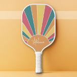 Retro stripe sunrise - pastel rainbow script name pickleball paddle<br><div class="desc">A colourful,  retro stripe sunrise design with a pastel colours. The stripes are pastels - red,  orange,  yellow and a light blue. Add your name or monogram to make this a personal paddle that will stand out amongst your friends. The name is a trendy script in white.</div>