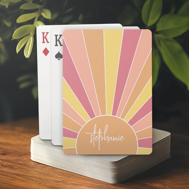 Retro stripe sunrise - pastel rainbow script name playing cards (Personalized playing cards)