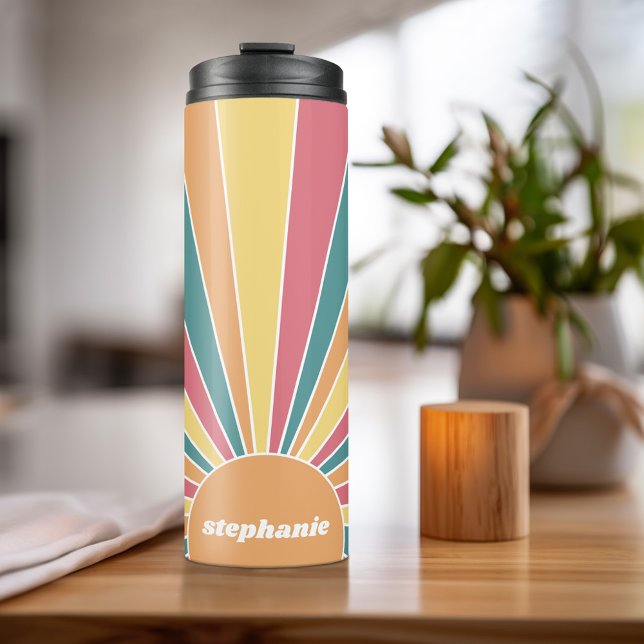 Retro stripe sunrise - pastel rainbow script name thermal tumbler (Personalized Thermal Tumbler - Add Photos, Text - Customize Completely in the Advanced Design Area)