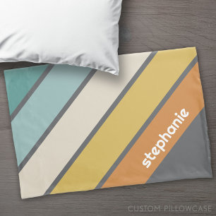 Retro Stripe - teal and gold - with name monogram Pillowcase