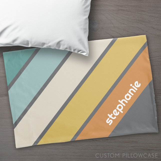 Retro Stripe - teal and gold - with name monogram Pillowcase (Custom Pillowcase)