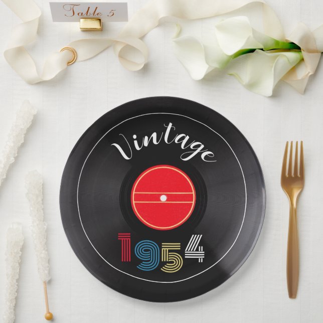 Retro Stripe Vinyl Record 1954 70th Birthday  Paper Plate (Wedding)