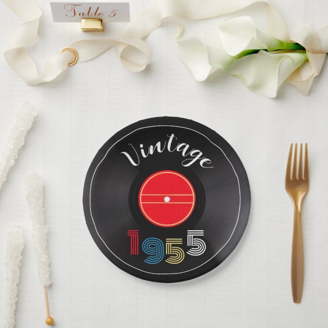 Retro Stripe Vinyl Record 1955 70th Birthday  Paper Plate (Wedding)