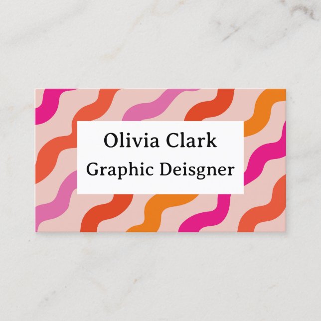 Retro Striped Abstract Waves Pink Red Custom  Business Card (Front)