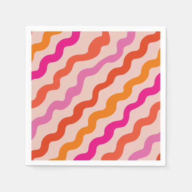 Retro Striped Abstract Waves Pink Red Orange  Napkin (Front)