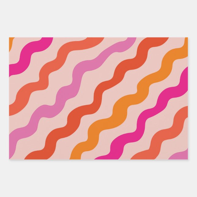 Retro Striped Abstract Waves Pink Red Orange  Wrapping Paper Sheet (Front)