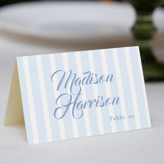Retro Striped Blue Wedding Name Place Card DIY (Creator Uploaded)