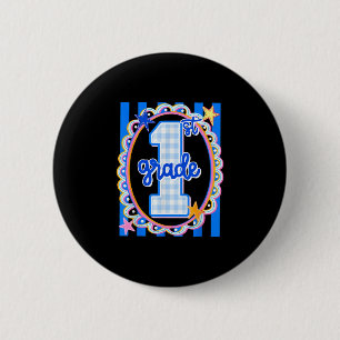 Retro striped first grade teacher 1st grade back 6 cm round badge