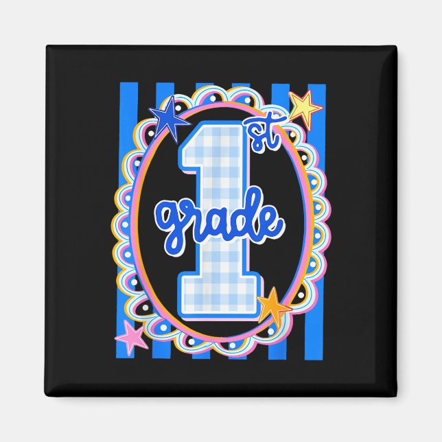 Retro striped first grade teacher 1st grade back magnet (Front)