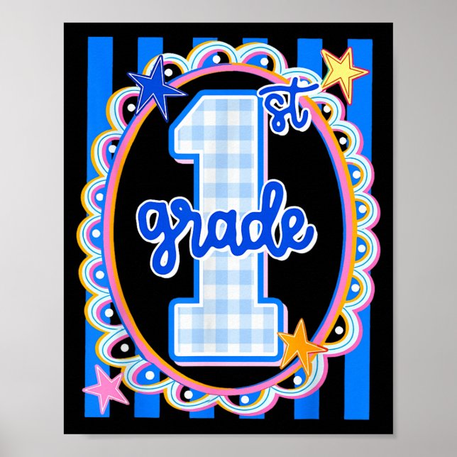 Retro striped first grade teacher 1st grade back poster (Front)