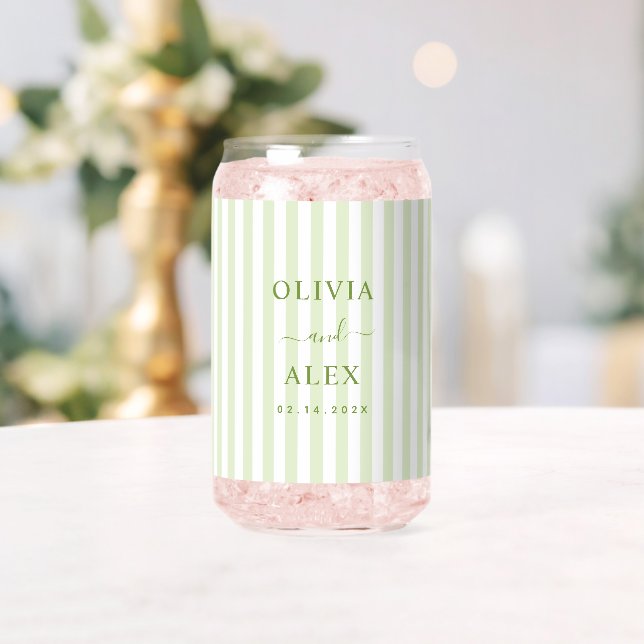 Retro Striped Green Personalised Wedding  Can Glass (Insitu (Wedding))