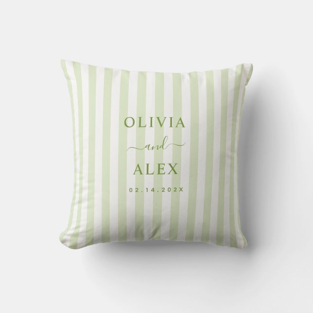 Retro Striped Green Personalised Wedding  Cushion (Front)