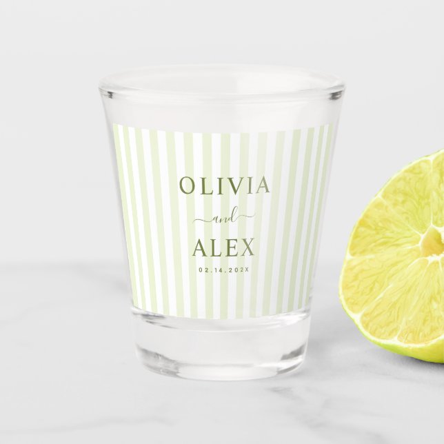 Retro Striped Green Personalised Wedding Shot Glass (Front)