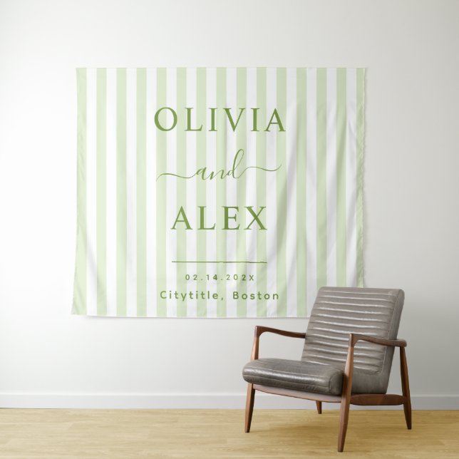 Retro Striped Green Personalised Wedding Tapestry (In Situ (Horizontal))