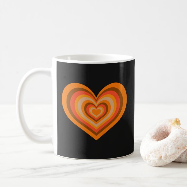 Retro Striped Heart Mug - Orange on Black (With Donut)