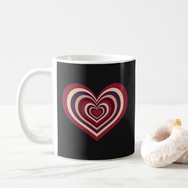 Retro Striped Heart Mug - Red on Black (With Donut)