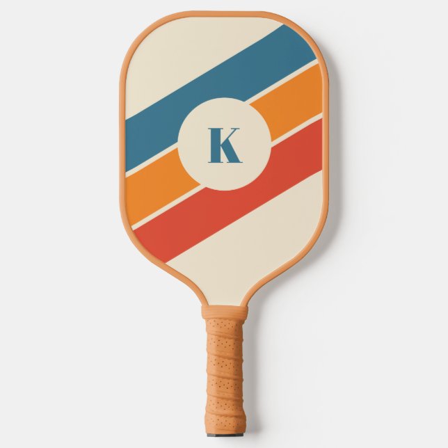 Retro Striped Modern Monogram Pickleball Paddle (Front)