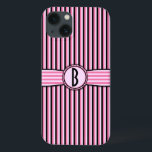 Retro Striped Monogram Pattern Pink Black iPhone 13 Case<br><div class="desc">This cute, girly, slightly retro 50s case design shows pink, light pink and black stripes and a space that you can personalise / customise. Just add your own monogram / initial in the "Personalise It" field. The squared font gives the monogram a vintage modern look. This is a bright, colourful,...</div>