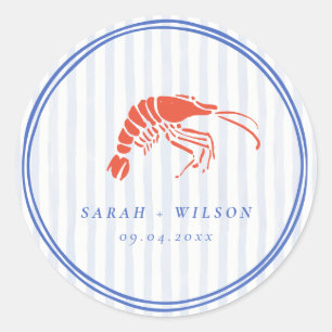 Retro Striped Red Blue Lobster Coastal Wedding Classic Round Sticker