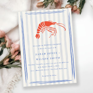 Retro Striped Red Blue Lobster Coastal Wedding Invitation
