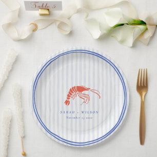 Retro Striped Red Blue Lobster Coastal Wedding Paper Plate