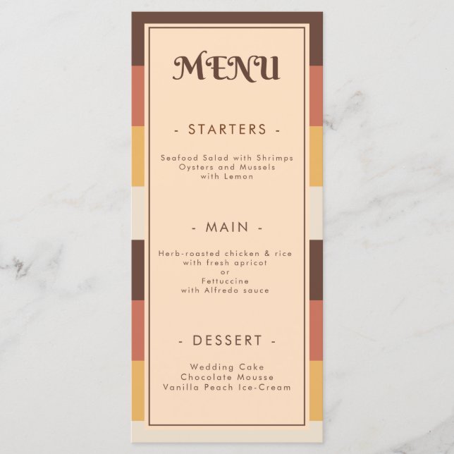 Retro Striped Seventies 60s 70s Groovy Wedding  Menu (Front)