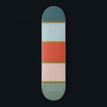 Retro striped    skateboard<br><div class="desc">Retro inspired vertical striped design in tones of teal and sage with orange,  soft pink and gold. Fully customisable with your name,  initials or monogram.</div>