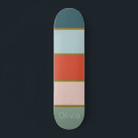 Retro striped skateboard<br><div class="desc">Retro inspired vertical striped design in tones of teal and sage with orange, soft pink and gold. Fully customisable with your name, initials or monogram.</div>