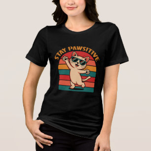 Retro Striped Stay Pawsitive Cat Design Tri-Blend Shirt