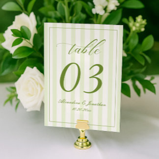 Retro Striped White and Green Wedding Table Number