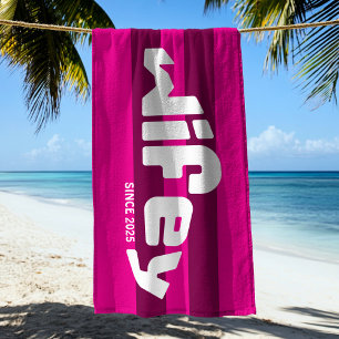 Retro Striped Wifey Newlywed Bride Hot Pink Beach Towel