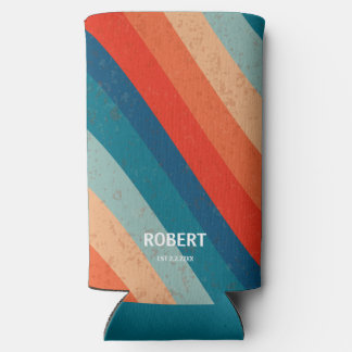 Retro Stripes 70s Vintage Script Minimalist Name Seltzer Can Cooler