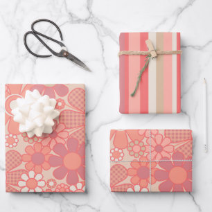 Retro Stripes and Flowers in Pastel Blush Pink Wrapping Paper Sheet