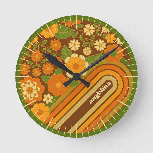 Retro Stripes and Funky Flowers with Custom Name Round Clock (Front)
