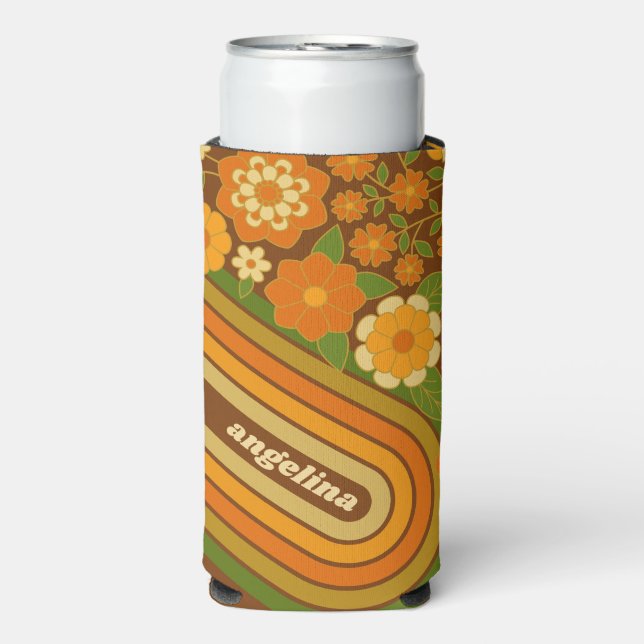 Retro Stripes and Funky Flowers with Custom Name Seltzer Can Cooler (Seltzer Front)