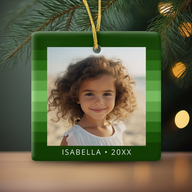 Retro Stripes - Christmas Green - Simple Photo Ceramic Ornament (Retro Stripe Ornament with green accents and your photo)