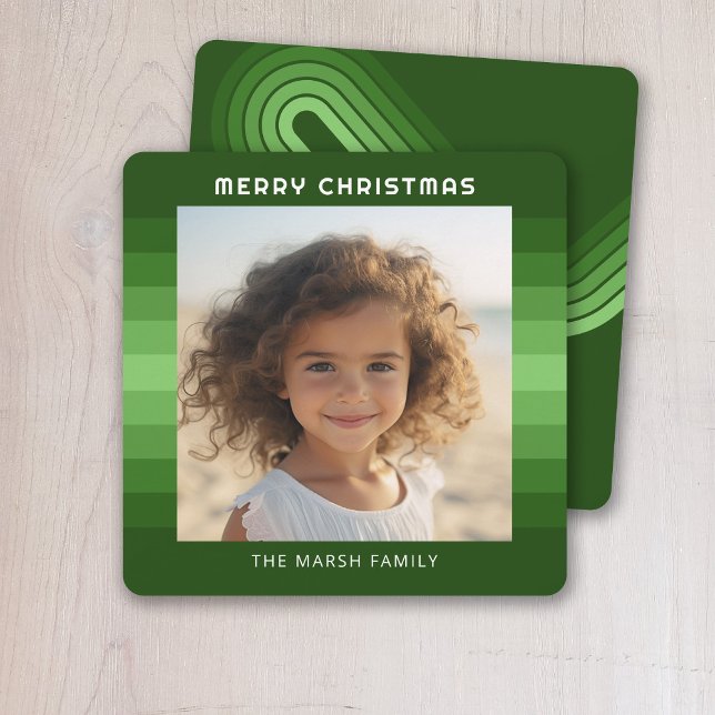 Retro Stripes - Christmas Green - Simple Photo Holiday Card (A fun design for a retro Christmas card with green stripes and one photo.)
