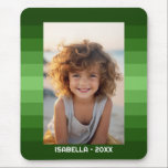 Retro Stripes - Christmas Green - Simple Photo Mouse Mat<br><div class="desc">Shades of green stripe pattern with a simple text area for a name and date. Add your favourite selfie or family snapshot. Use a photo to create this unique and personal photo gift. The background includes a retro stripe pattern with a clean, modern update. If you need to adjust the...</div>