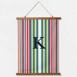 Retro stripes colourful add monogram initial lette hanging tapestry