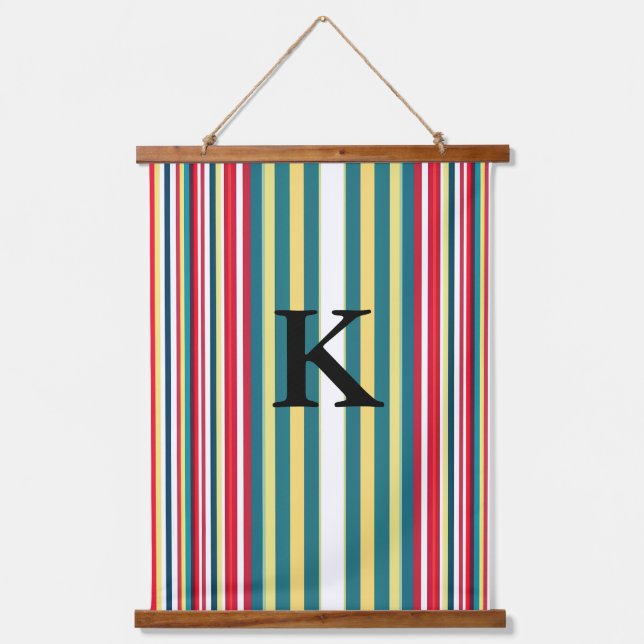 Retro stripes colourful add monogram initial lette hanging tapestry (Front)