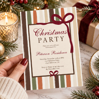 Retro Stripes Coquette Bow Christmas Party Invitation