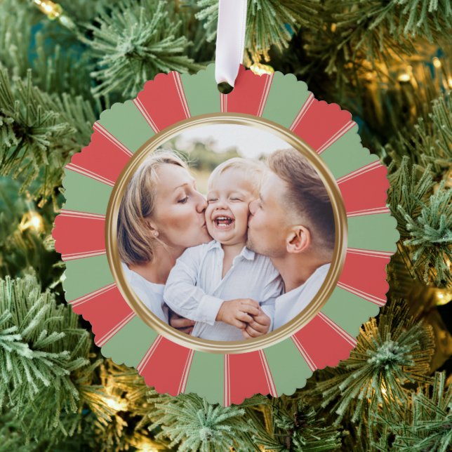 Retro Stripes Family Photo Christmas Tree Decoration Card (Insitu (Tree))